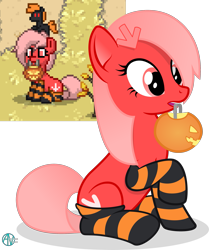 Size: 2107x2520 | Tagged: safe, artist:arifproject, oc, oc only, oc:downvote, species:earth pony, species:pony, derpibooru, derpibooru ponified, pony town, clothing, halloween, holiday, meta, ponified, pumpkin bucket, raised hoof, simple background, sitting, socks, stockings, striped socks, thigh highs, transparent background, vector