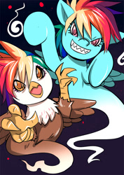 Size: 990x1400 | Tagged: safe, artist:bakki, character:rainbow dash, oc, oc:rainbow feather, parent:gilda, parent:rainbow dash, parents:gildash, evil grin, female, ghost, grin, interspecies offspring, looking at you, magical lesbian spawn, mother and daughter, nightmare night, offspring, smiling