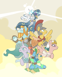Size: 1012x1250 | Tagged: safe, artist:metal-kitty, character:flash magnus, character:meadowbrook, character:mistmane, character:rockhoof, character:somnambula, character:star swirl the bearded, species:earth pony, species:pegasus, species:pony, species:unicorn, episode:shadow play, g4, my little pony: friendship is magic, armor, clothing, glowing horn, healer's mask, mask, netitus, pillars of equestria, rockhoof's shovel, shield, shovel