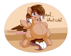 Size: 3000x2359 | Tagged: safe, artist:graphenescloset, oc, oc only, oc:cinnamon toast, species:pegasus, species:pony, belly, big belly, blatant lies, blue eyes, blushing, cake, chubby, chubby cheeks, cute, fat, female, food, living object, mare, ocbetes, original species, plush pony, plushie, simple background, solo, stuffed