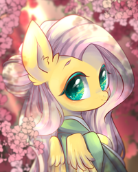 Size: 900x1117 | Tagged: safe, artist:snow angel, character:fluttershy, species:pony, cherry blossoms, clothing, cute, ear fluff, female, flower, flower blossom, hair bun, kimono (clothing), looking at you, looking back, mare, shyabetes, solo