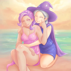 Size: 1200x1200 | Tagged: safe, artist:ninjaham, character:starlight glimmer, character:trixie, species:human, ship:startrix, g4, beach, breasts, cleavage, clothing, cute, duo, duo female, female, females only, humanized, lesbian, shipping, swimsuit