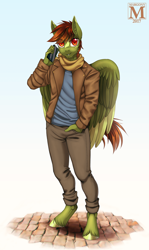 Size: 776x1300 | Tagged: safe, artist:margony, oc, oc only, oc:olive hue, species:anthro, species:pegasus, species:pony, species:unguligrade anthro, clothing, commission, female, hand in pocket, jacket, looking at you, mare, phone, scarf, smiling, solo, unshorn fetlocks