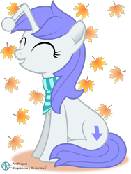 Size: 1867x2479 | Tagged: safe, artist:arifproject, oc, oc only, oc:discentia, species:pony, clothing, falling leaves, female, inkscape, leaf, mare, ponified, reddit, scarf, simple background, sitting, smiling, solo, transparent background, vector