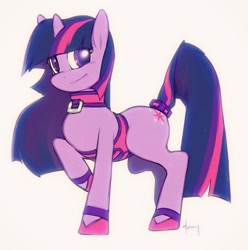Size: 1200x1208 | Tagged: safe, artist:doxy, character:twilight sparkle, species:pony, species:unicorn, clothing, collar, colored pupils, corset, female, looking at you, mare, raised hoof, shoes, simple background, smiling, solo, tail wrap, tailcuff, white background