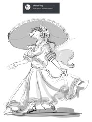Size: 1344x1785 | Tagged: safe, artist:alumx, character:princess celestia, species:anthro, ask, clothing, dancing, dress, female, grayscale, monochrome, solo, sombrero, tumblr