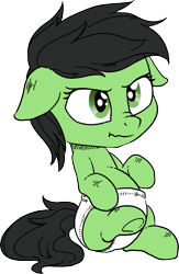 Size: 455x696 | Tagged: safe, artist:mrs1989, artist:smoldix, edit, oc, oc only, oc:filly anon, species:pony, 4chan, :t, baby, baby pony, color edit, colored, diaper, female, filly, floppy ears, scrunchy face, simple background, sitting, underhoof