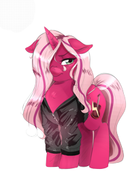 Size: 1200x1600 | Tagged: safe, artist:mrscurlystyles, oc, oc only, oc:pynk hyde, species:pony, species:unicorn, 2018 community collab, derpibooru community collaboration, clothing, female, guitar, hair over one eye, jacket, mare, simple background, transparent background