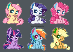Size: 1000x714 | Tagged: safe, artist:snow angel, character:applejack, character:fluttershy, character:pinkie pie, character:rainbow dash, character:rarity, character:twilight sparkle, character:twilight sparkle (alicorn), species:alicorn, species:earth pony, species:pegasus, species:pony, species:unicorn, chibi, cute, dashabetes, diapinkes, female, heart eyes, jackabetes, mane six, mare, raribetes, shyabetes, smiling, twiabetes, weapons-grade cute, wingding eyes
