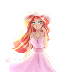 Size: 1563x1563 | Tagged: safe, artist:mrscurlystyles, character:sunset shimmer, species:human, beautiful, breasts, cleavage, clothing, dress, ear piercing, earring, featured on derpibooru, female, hat, humanized, jewelry, looking at you, piercing, praise the sunset, sexy, simple background, smiling, solo, sun hat, sundress, white background