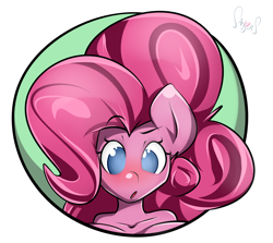 Size: 1400x1250 | Tagged: safe, artist:sanders, character:pinkie pie, species:anthro, blushing, bust, female, portrait, solo