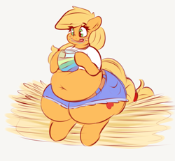 Size: 1117x1031 | Tagged: safe, artist:graphenescloset, character:applejack, species:earth pony, species:pony, adorafatty, apple, applebucking thighs, applefat, belly, belly button, chubby, clothing, daisy dukes, eating, fat, female, food, freckles, hay, hay bale, jam, licking, licking lips, mare, midriff, shirt, shorts, smiling, thunder thighs, tongue out, weight gain, zap apple, zap apple jam
