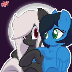 Size: 2000x2000 | Tagged: source needed, safe, artist:ribiruby, oc, oc only, oc:midnight ruby, oc:sapphire nebula, species:bat pony, species:pegasus, species:pony, bat pony oc, colored pupils, cuddling, cute, cute little fangs, fangs, featured on derpibooru, feels, female, full moon, green eyes, long mane, looking at each other, mare, memorial, moon, ocbetes, purple background, rest in peace, sexy, simple background, smiling, wings