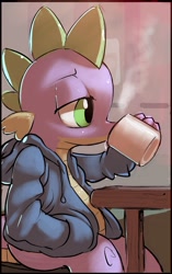 Size: 1207x1920 | Tagged: safe, artist:gsphere, character:spike, species:dragon, chair, clothing, drink, drinking, hoodie, male, mug, solo, steam, table