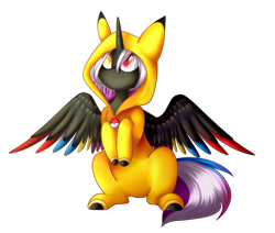 Size: 1700x1440 | Tagged: safe, artist:despotshy, oc, oc only, oc:flaming rainbow, species:alicorn, species:pony, clothing, colored wings, costume, crossover, female, heterochromia, kigurumi, mare, multicolored wings, pikachu, pokéball, pokémon, simple background, sitting, solo, transparent background