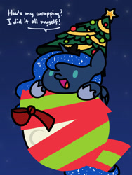 Size: 1350x1800 | Tagged: safe, artist:flutterluv, character:princess luna, species:alicorn, species:pony, series:flutterluv's full moon, chibi, christmas, christmas tree, female, full moon, holiday, mare, moon, smiling, solo, tangible heavenly object, tree, wrapping, wrapping paper