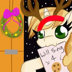 Size: 6000x6000 | Tagged: safe, artist:rainbowtashie, character:sweet biscuit, species:deer, species:pony, species:unicorn, absurd resolution, adorabiscuit, antlers, christmas, christmas carol, cookie, cute, dress up, female, festive, food, holiday, mare, mouth hold, reindeer antlers, snow, solo, winter, wreath