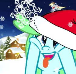 Size: 800x776 | Tagged: safe, artist:akakun, artist:up1ter, character:derpy hooves, oc, oc:smiley beam, animated, cheek squish, christmas, clothing, holiday, red nose, scarf, shivering, snow, sound, squishy cheeks, tongue out, vibrating, webm