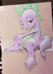 Size: 1280x1775 | Tagged: safe, artist:gsphere, character:spike, species:dragon, bedroom eyes, feet, male, photo, sitting, solo, stupid sexy spike, toes, traditional art