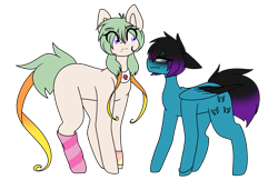Size: 2221x1440 | Tagged: safe, artist:despotshy, oc, oc only, oc:despy, oc:noodle, species:earth pony, species:pegasus, species:pony, clothing, colored wings, female, mare, multicolored wings, simple background, socks, striped socks, transparent background