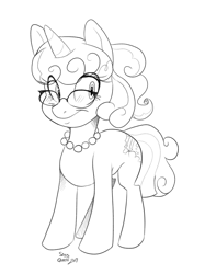 Size: 1492x2000 | Tagged: safe, artist:bluntwhiskey, oc, oc only, oc:graphia, species:pony, species:unicorn, female, glasses, grayscale, jewelry, lineart, mare, monochrome, necklace, pearl necklace, simple background, solo, white background