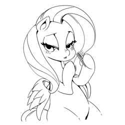 Size: 1500x1500 | Tagged: safe, artist:mrs1989, character:fluttershy, species:pegasus, species:pony, black and white, comb, combing, doodle, ear fluff, female, grayscale, lidded eyes, lineart, mare, monochrome, simple background, solo, white background