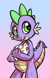 Size: 1247x1920 | Tagged: safe, artist:gsphere, character:spike, species:chicken, species:dragon, gradient background, holding, male, pun, scootachicken, solo, visual gag