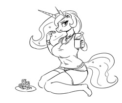 Size: 1000x844 | Tagged: safe, artist:mrs1989, character:princess celestia, species:anthro, species:plantigrade anthro, species:pony, breasts, busty princess celestia, clothing, cookie, eating, female, food, mare, monochrome, simple background, sketch, solo, white background