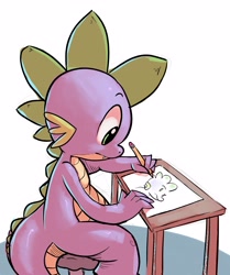 Size: 2780x3333 | Tagged: safe, artist:gsphere, character:spike, species:dragon, drawing, left handed, male, paper, pencil, simple background, solo, stool, table