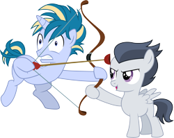Size: 11658x9288 | Tagged: safe, artist:illumnious, character:rumble, character:skeedaddle, species:pegasus, species:pony, species:unicorn, episode:marks and recreation, g4, my little pony: friendship is magic, absurd resolution, bow (weapon), colt, duo, hoof hold, male, plunger, simple background, transparent background, vector