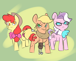 Size: 1026x825 | Tagged: safe, artist:metal-kitty, character:apple bloom, character:applejack, character:diamond tiara, species:earth pony, species:pony, abstract background, alternate universe, amputee, angry, bandana, clothing, cowboy hat, eye scar, female, glasses, hat, haystick, mare, neckerchief, older, older apple bloom, older diamond tiara, peg leg, prosthetic leg, prosthetic limb, prosthetics, scar, story included, trio