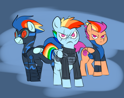 Size: 1010x799 | Tagged: safe, artist:metal-kitty, character:rainbow dash, character:scootaloo, character:soarin', species:pegasus, species:pony, fanfic:rainbow factory, alternate hairstyle, alternate universe, clothing, eye scar, female, goggles, mare, older, older scootaloo, scar, serious, serious face, story included, uniform
