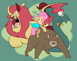Size: 1293x1017 | Tagged: safe, artist:metal-kitty, character:fluttershy, species:cockatrice, species:draconequus, alternate universe, animal, bear, draconequified, female, flutterbadass, flutterequus, green background, manticore, quartet, riding, serious, serious face, simple background, species swap, story included