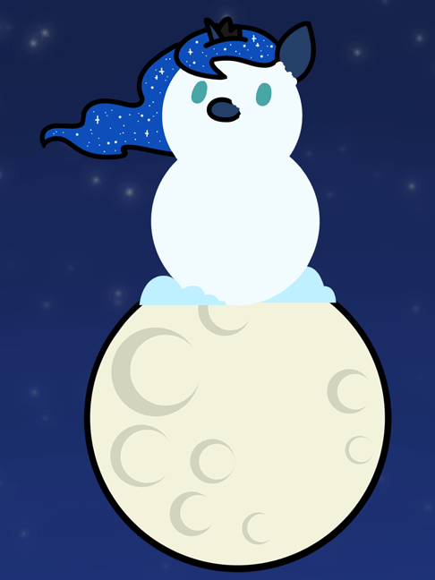 Size: 486x648 | Tagged: safe, artist:flutterluv, character:princess luna, species:alicorn, species:pony, animated, blinking, chibi, ethereal mane, female, galaxy mane, moon, night, snowman, solo, tangible heavenly object, winter solstice