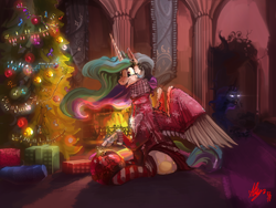 Size: 4000x3000 | Tagged: safe, artist:alumx, character:princess celestia, character:princess luna, species:alicorn, species:pony, absurd resolution, angry, christmas, christmas lights, christmas tree, clothing, coal, female, fireplace, holiday, mare, open mouth, present, royal sisters, sitting, socks, solo focus, spread wings, striped socks, tree, wings