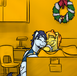 Size: 800x789 | Tagged: safe, artist:captainhoers, character:soarin', character:spitfire, oc, oc:concorde, parent:soarin', parent:spitfire, parents:soarinfire, species:pony, ship:soarinfire, episode:hearth's warming eve, g4, my little pony: friendship is magic, christmas wreath, crying, female, filly, hospital, hug, male, newborn, offspring, shipping, straight, tears of joy, wreath