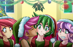 Size: 1600x1030 | Tagged: safe, artist:mauroz, character:apple bloom, character:scootaloo, character:spike, character:sweetie belle, species:human, species:pegasus, species:pony, ship:scootaspike, christmas, christmas lights, christmas tree, clothing, cutie mark crusaders, eyes closed, female, hat, holiday, holly, holly mistaken for mistletoe, humanized, kissing, male, merry christmas, mistleholly, santa hat, shipping, straight, sweat, tree