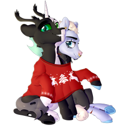 Size: 3000x3000 | Tagged: safe, artist:meowcephei, oc, oc only, oc:hamartia, oc:tounicoon, 2018 community collab, derpibooru community collaboration, clothing, male, shared clothing, simple background, sweater, transparent background
