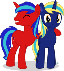 Size: 1888x2110 | Tagged: safe, artist:arifproject, oc, oc only, oc:octavian fall, oc:sparkling star, species:pony, species:unicorn, 2018 community collab, derpibooru community collaboration, duo, looking at you, side hug, simple background, smiling, standing, transparent background, vector