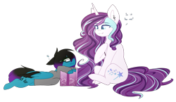 Size: 2749x1599 | Tagged: safe, artist:despotshy, oc, oc only, oc:despy, oc:magical brownie, species:pegasus, species:pony, species:unicorn, clothing, colored wings, duo, female, glasses, hoodie, mare, multicolored wings, present, prone, simple background, sitting, transparent background