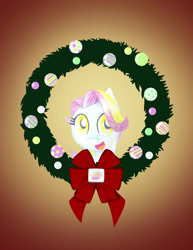 Size: 2550x3300 | Tagged: safe, artist:flutterluv, character:coconut cream, species:earth pony, species:pony, bust, christmas wreath, female, filly, portrait, smiling, solo, wreath