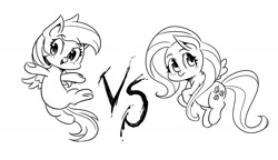 Size: 1713x988 | Tagged: safe, artist:mrs1989, character:fluttershy, character:rainbow dash, species:pegasus, species:pony, cute, dashabetes, duo, female, mare, monochrome, shyabetes, simple background, sketch, smiling, versus, white background