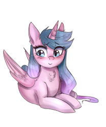 Size: 1953x2344 | Tagged: safe, artist:mrscurlystyles, oc, oc only, oc:artshine, species:alicorn, species:pony, 2018 community collab, derpibooru community collaboration, alicorn oc, blushing, c:, chest fluff, cute, female, looking away, mare, ocbetes, prone, simple background, smiling, solo, transparent background
