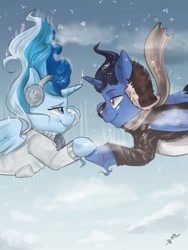 Size: 774x1032 | Tagged: safe, artist:mrscurlystyles, oc, oc only, oc:princess winter snow, oc:sonic boom, species:alicorn, species:pony, bedroom eyes, black hair, blue eyes, blue hair, blue skin, brown eyes, clothing, cloud, cute couple, earmuffs, falling, female, jacket, light blue hair, light blue skin, male, multicolored hair, scarf, skydiving, smiling, snow, white hair, winterboom