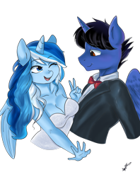 Size: 3400x4300 | Tagged: safe, artist:mrscurlystyles, oc, oc only, oc:princess winter snow, oc:sonic boom, species:alicorn, species:anthro, species:pony, anthro oc, black hair, blue eyes, blue hair, bow tie, breasts, brown eyes, cleavage, clothing, cute couple, dress, female, light blue hair, male, multicolored hair, one eye closed, peace sign, tuxedo, white dress, white hair, wink, winterboom