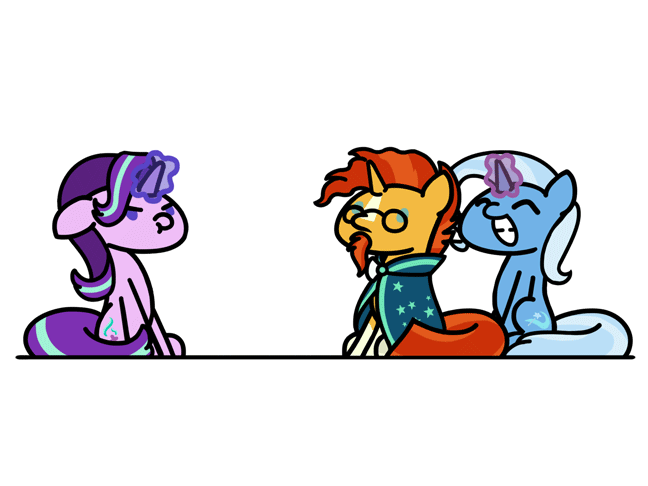 Size: 648x486 | Tagged: safe, artist:flutterluv, character:starlight glimmer, character:sunburst, character:trixie, species:pony, species:unicorn, ship:starburst, ship:trixburst, :t, :|, animated, cute, diatrixes, eyes closed, female, floppy ears, frown, glare, glowing horn, grin, harem, magic, male, mare, pulling, rivalry, scrunchy face, shipping, shipping war, simple background, smiling, squee, stallion, starlight is not amused, straight, sunburst gets all the mares, telekinesis, trio, unamused, white background