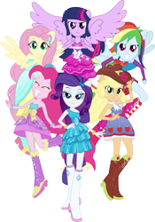 Size: 3856x5500 | Tagged: safe, artist:theshadowstone, character:applejack, character:fluttershy, character:pinkie pie, character:rainbow dash, character:rarity, character:twilight sparkle, character:twilight sparkle (alicorn), species:alicorn, species:pony, equestria girls:equestria girls, g4, my little pony: equestria girls, my little pony:equestria girls, bare shoulders, clothing, dress, fall formal outfits, humane five, humane six, ponied up, simple background, sleeveless, strapless, transparent background, vector