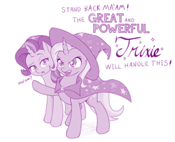 Size: 1000x811 | Tagged: safe, artist:dstears, character:starlight glimmer, character:trixie, species:pony, species:unicorn, episode:to change a changeling, g4, my little pony: friendship is magic, cape, clothing, cute, dialogue, diatrixes, duo, female, font, funny, glimmerbetes, great and powerful, hat, looking at you, mare, monochrome, open mouth, raised eyebrow, raised hoof, simple background, trixie's cape, trixie's hat, white background