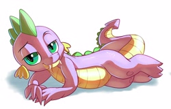 Size: 4000x2553 | Tagged: safe, artist:gsphere, character:spike, species:dragon, bedroom eyes, belly button, fangs, lidded eyes, looking at you, male, on side, simple background, solo, stupid sexy spike, white background