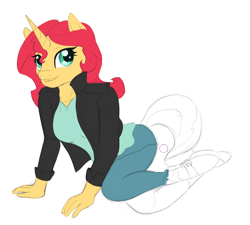 Size: 838x754 | Tagged: safe, artist:theshadowstone, character:sunset shimmer, species:anthro, species:pony, species:unguligrade anthro, species:unicorn, all fours, colored sketch, female, simple background, solo, white background, wip